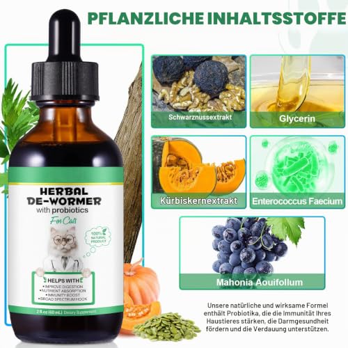 Detalle 2 de Tamiodfo Wurmkur Katze 60ml – Kräuterentwurmer mit Probiotika für Verdauung und Immunität