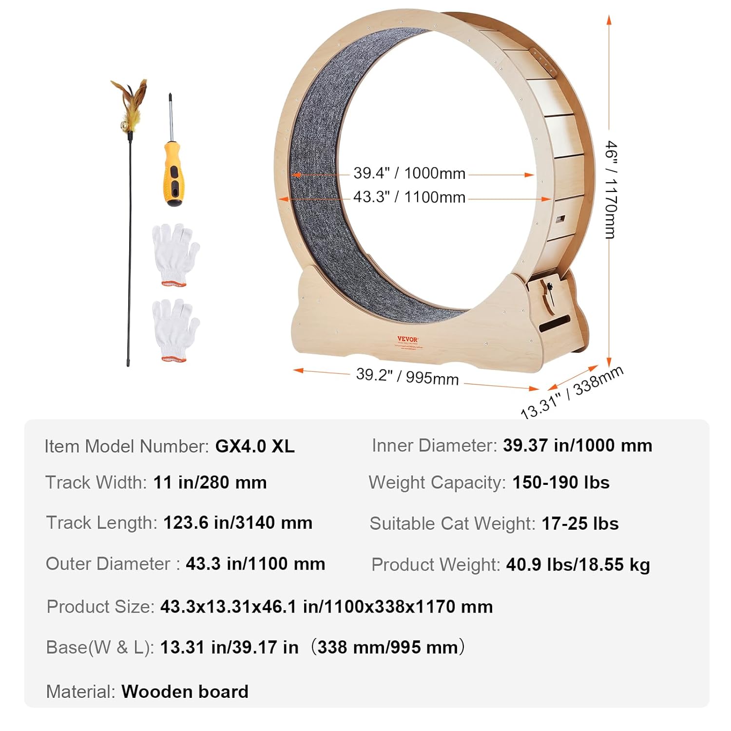 Thumbnail 6 de VEVOR Katzenlaufrad 1100 mm – stabiles Holzlaufband für Katzen bis 11,3 kg mit abnehmbarem Band