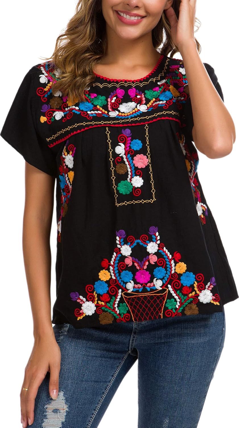 Thumbnail 2 de YZXDORWJ Women's Embroidered Mexican Peasant Blouse: Lightweight Cotton Boho Top for Summer