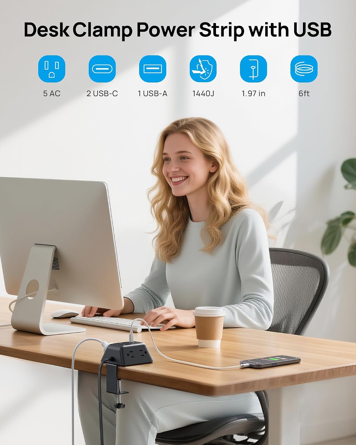 Detalle de TROND TD-PS-US16C Desk Clamp Power Bar with 5 Outlets and USB-C PD