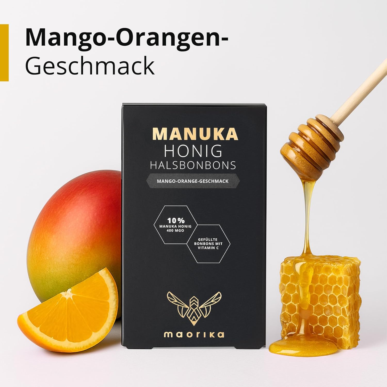 Detalle 2 de maorika Manuka Honig Bonbons MGO 400+ mit Mango-Orangen Geschmack (100 g, 19 Stück)