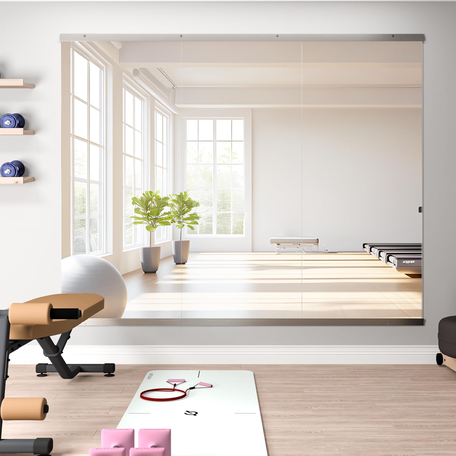 Detalle de NEUWEABY 57" × 24" 3-Piece Gym Mirror, Tempered Glass, Frameless Wall Mount