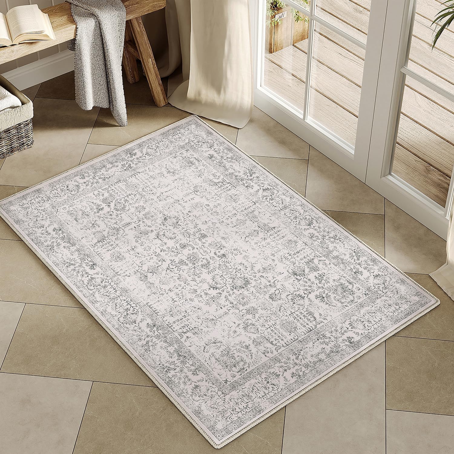 Detalle de HUGEAR Vintage waschbarer runder Teppich (180 cm) – kurzflorig, rutschfest, grau