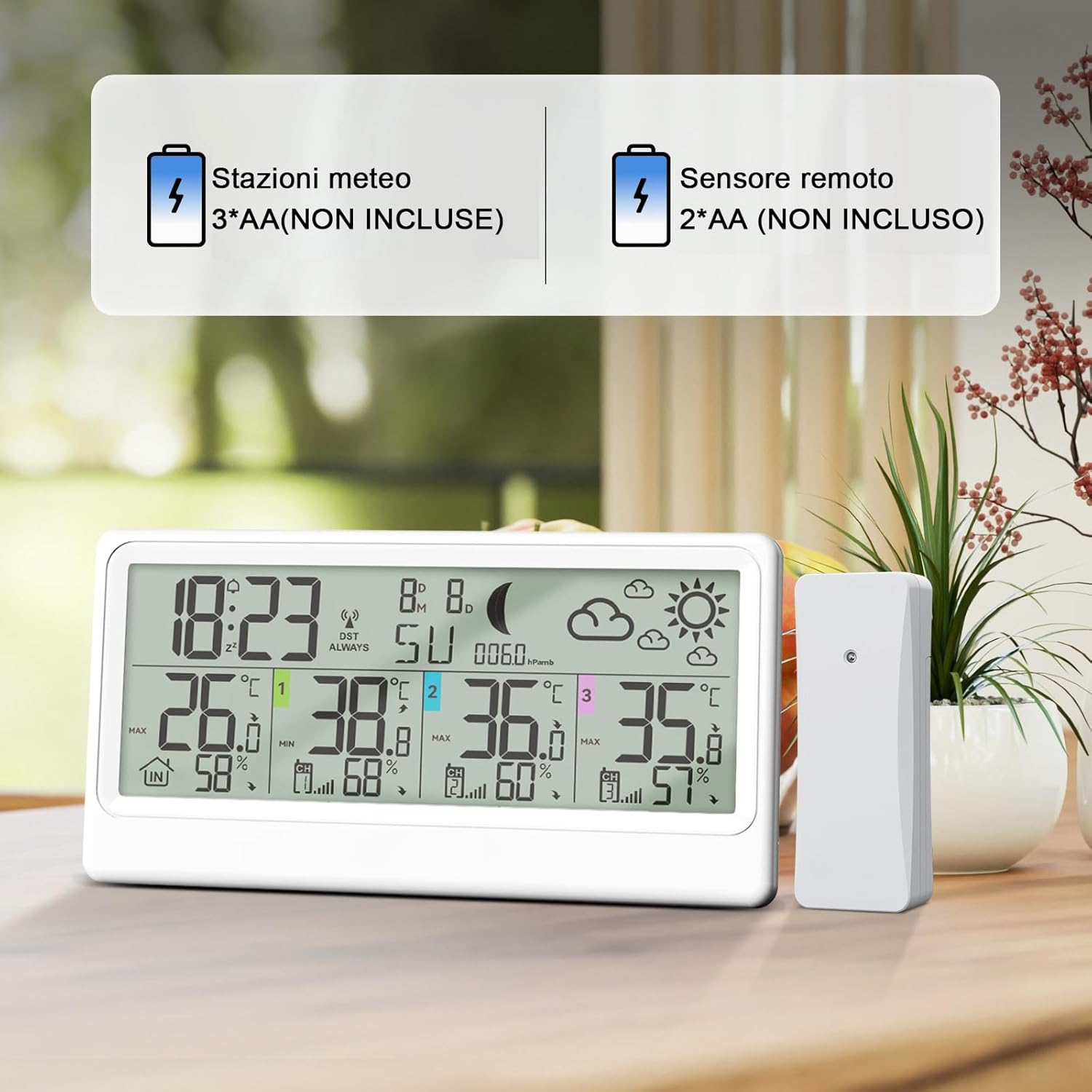Detalle de Stazione Meteo con 3 Sensori Esterno e Display LCD 8,5" – monitoraggio interno/esterno, previsioni e fasi lunari
