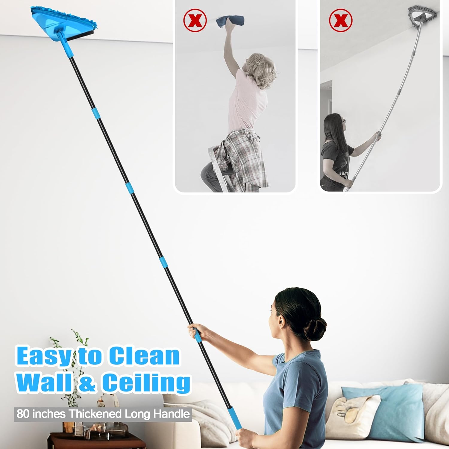 Thumbnail 1 de NEWE Vadrouille de nettoyage triangulaire avec manche long 202 cm, pliable à 180° et raclette à murs peints