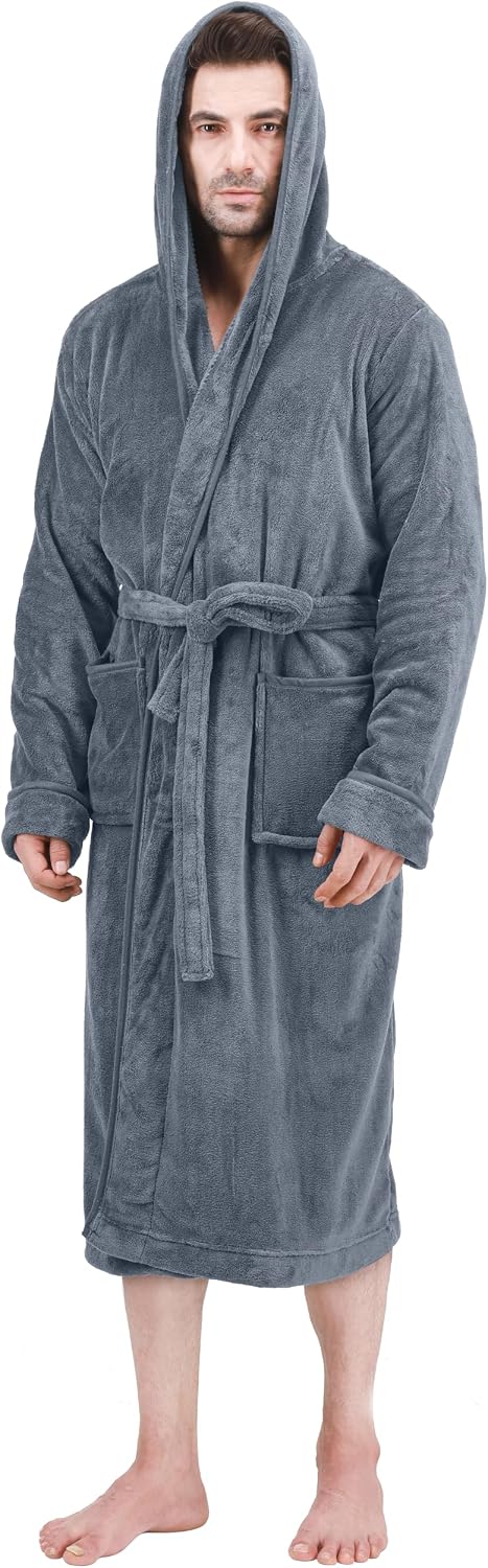Detalle de NY Threads EU0616 Men's Hooded Coral Fleece Bathrobe with Belt and Pockets