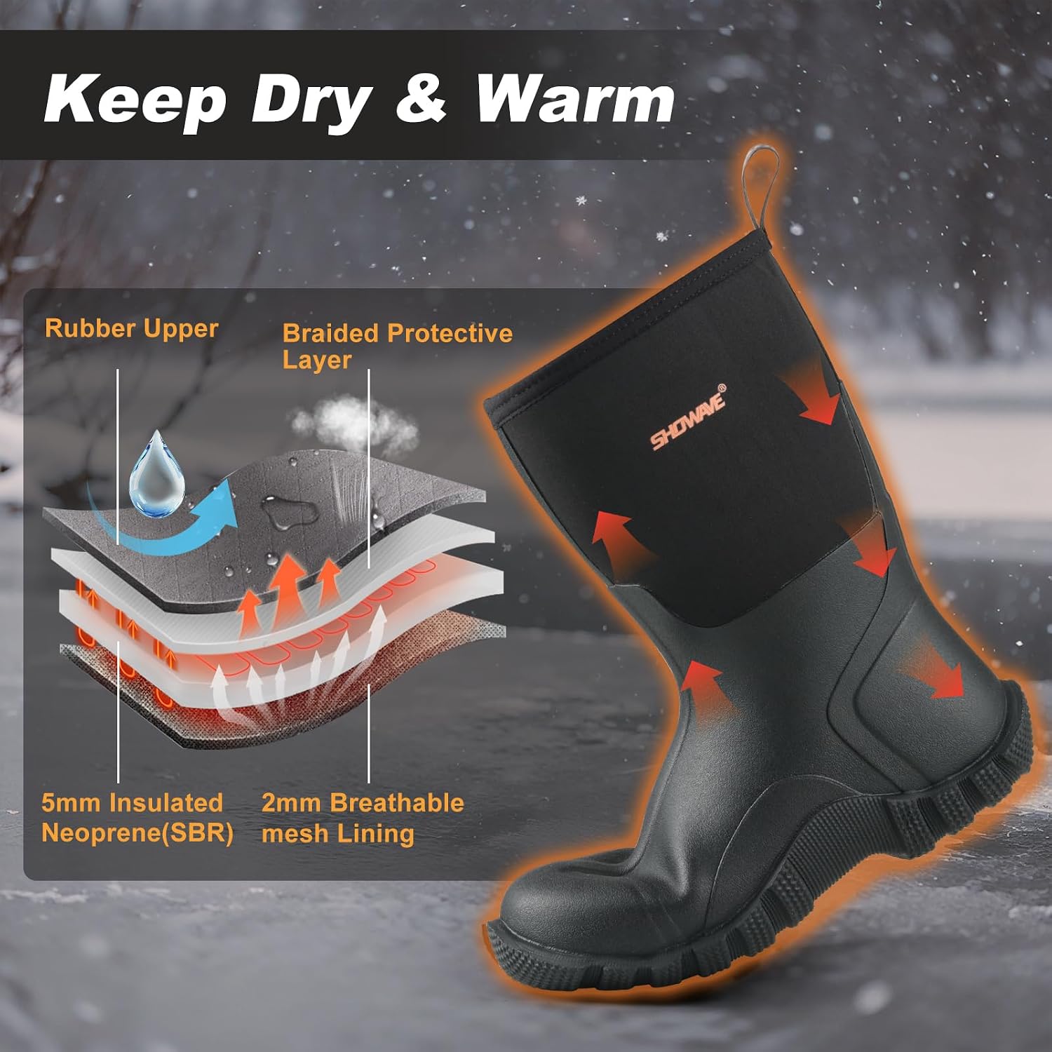 Thumbnail 4 de Showave Rain Boots Men 5mm Neoprene Insulated Rubber Boots