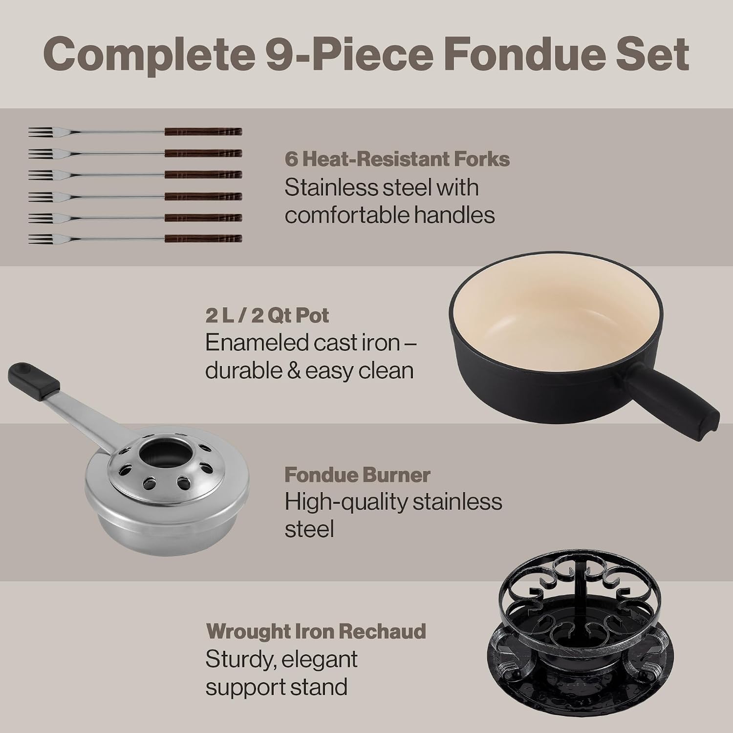 Detalle de Swissmar Lugano Cast Iron Cheese Fondue Set, 9-Piece (2 QT) in Matte Black