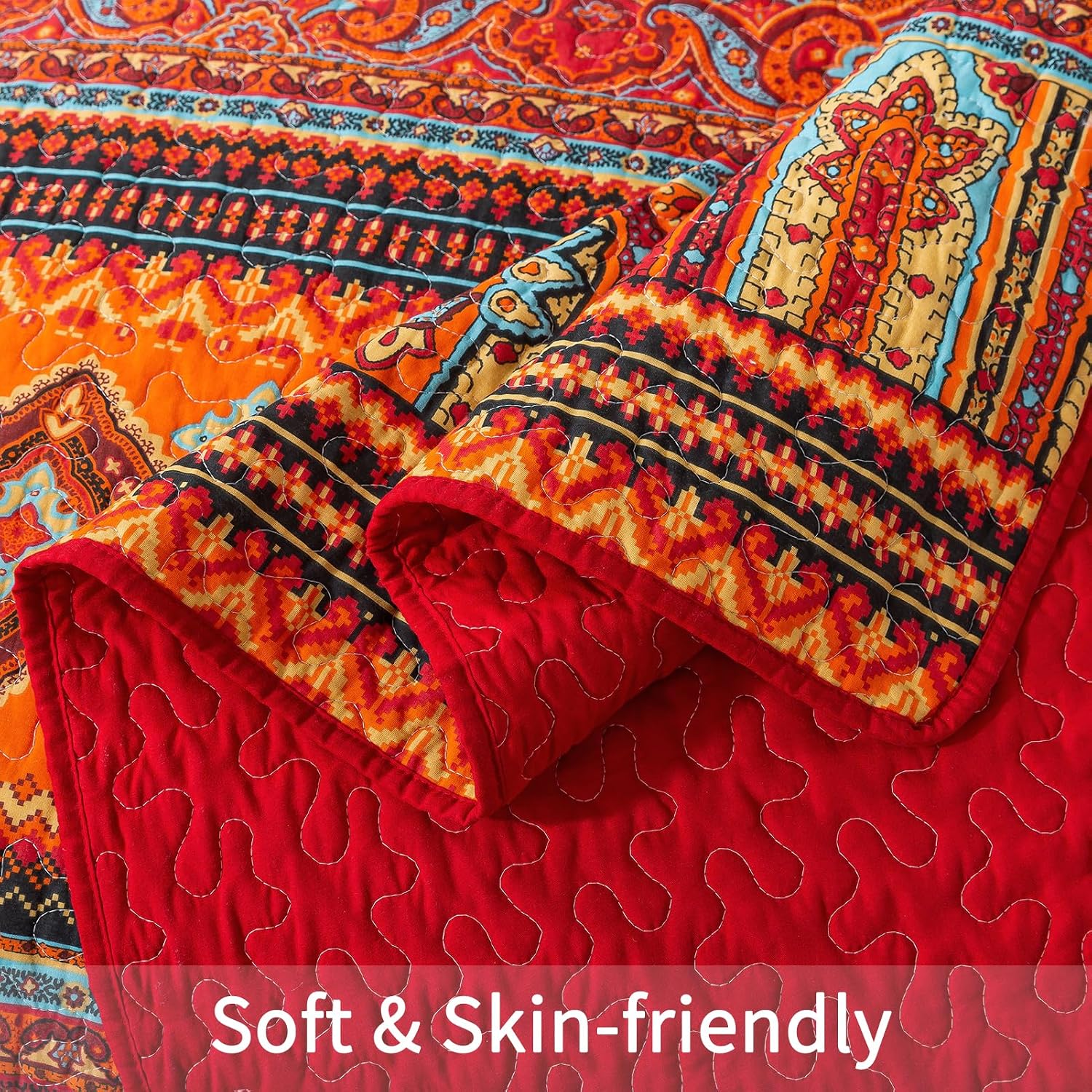 Detalle de BEDIFANY Cotton Quilts Queen Size Set (3-Piece) — Lightweight Boho Stripe Quilt with 2 Pillow Shams