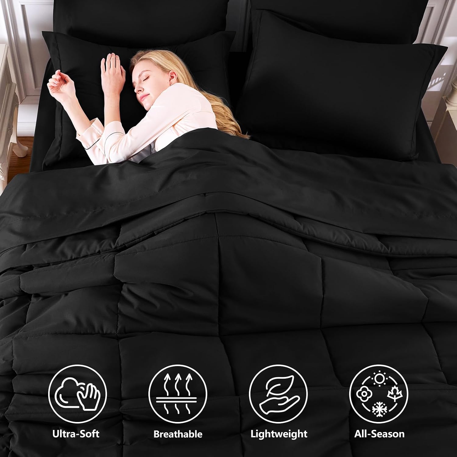 Detalle de CozyLux Twin XL Comforter Set Black – 5 Pieces, All-Season Down Alternative Bedding in a Bag