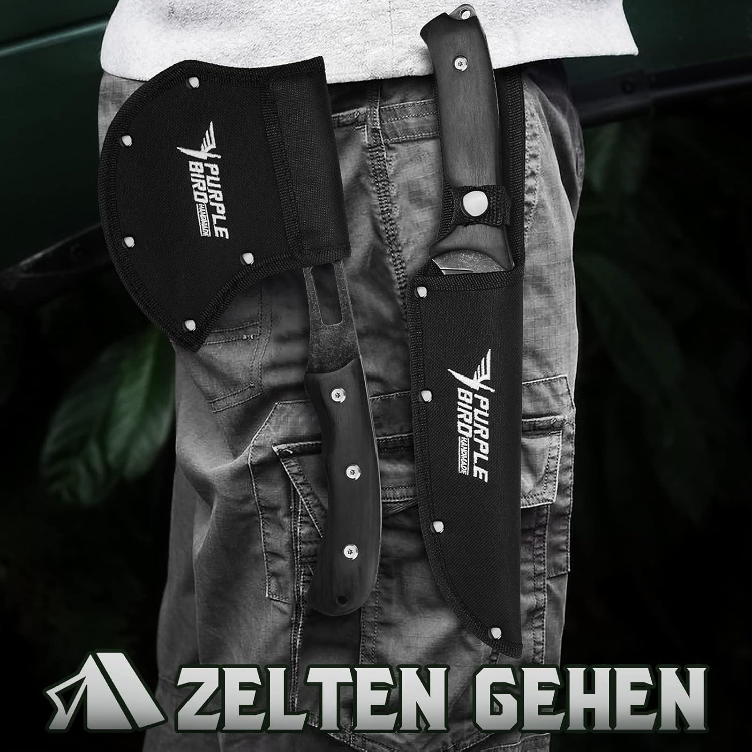 Thumbnail 3 de PURPLEBIRD Camping Axt Outdoor Messer Set – 2-teiliges Feststehendes Messer- und Axt-Set mit Nylonscheide und Geschenkbox