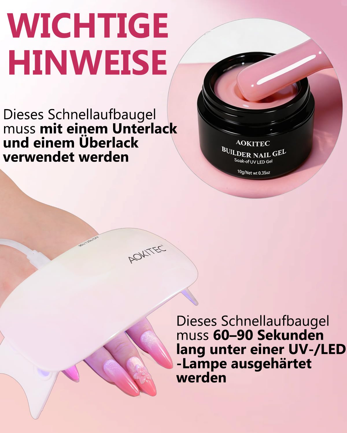 Thumbnail 4 de Aokitec Aufbaugel-Set für Gelnägel (No File Builder Gel), 2 Farben Weiß & Pink – selbstglättendes UV-Nagelgel
