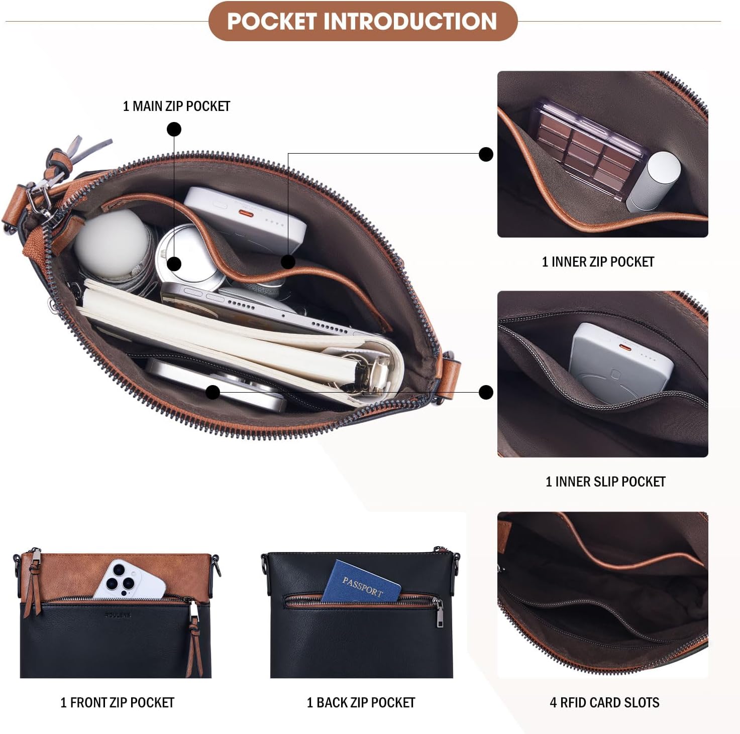 Detalle de Roulens Mittel Damen Umhängetaschen aus veganem Leder – leichte Crossbody Bag mit verstellbarem Gurt