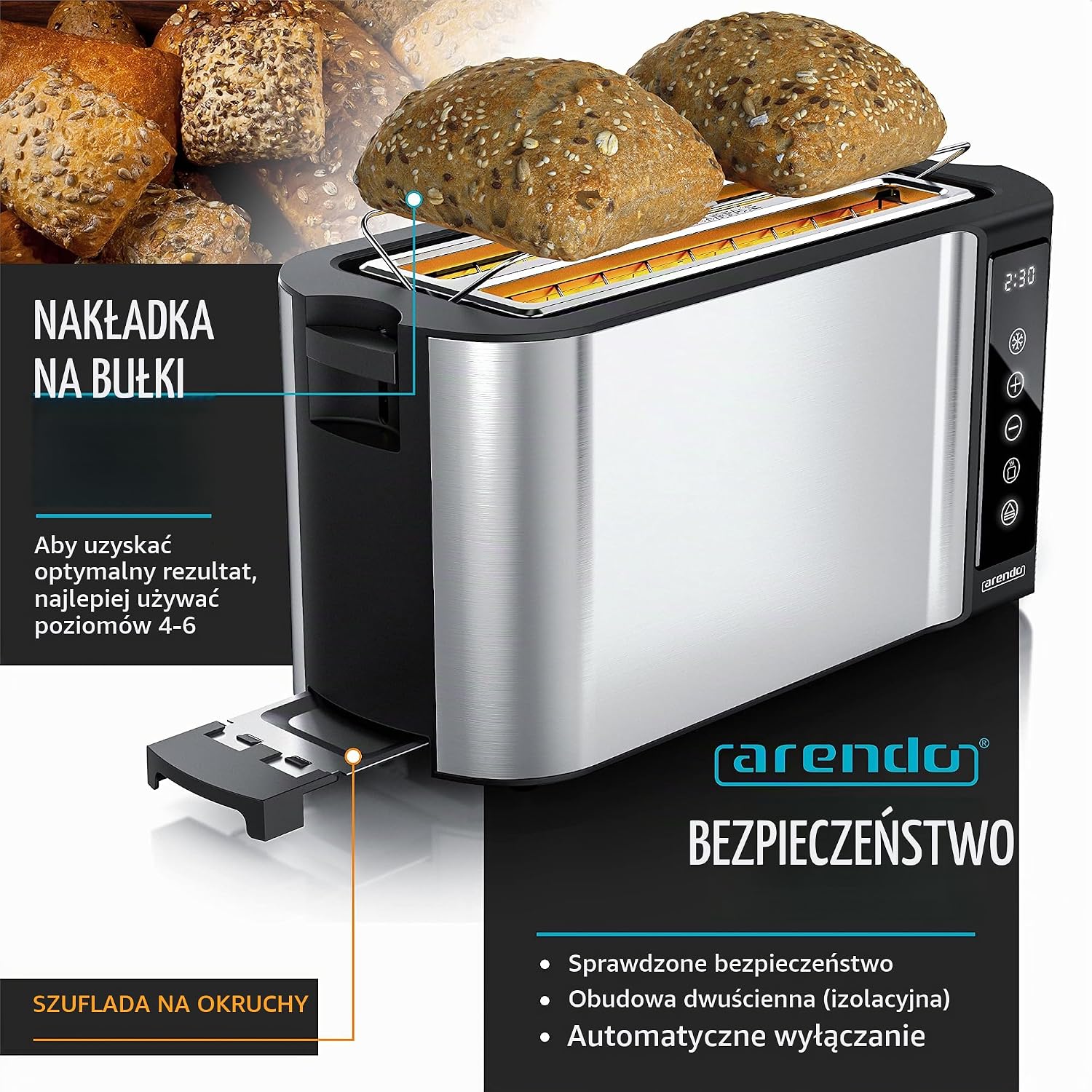 Thumbnail 3 de Arendo Frukost Touch – toster z długim otworem, 4 kromki, 1500 W