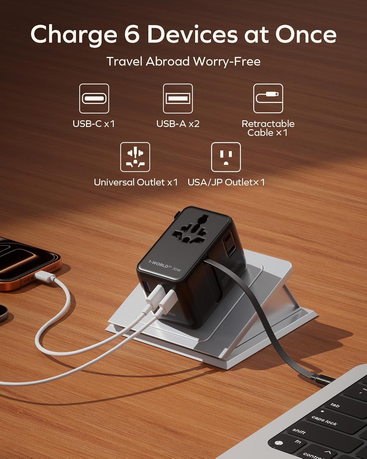 Thumbnail 1 de Momax Universal Travel Adapter with Cable — 70W GaN, 200+ Countries, 4 Plug Types, 2 USB-C & 2 USB-A