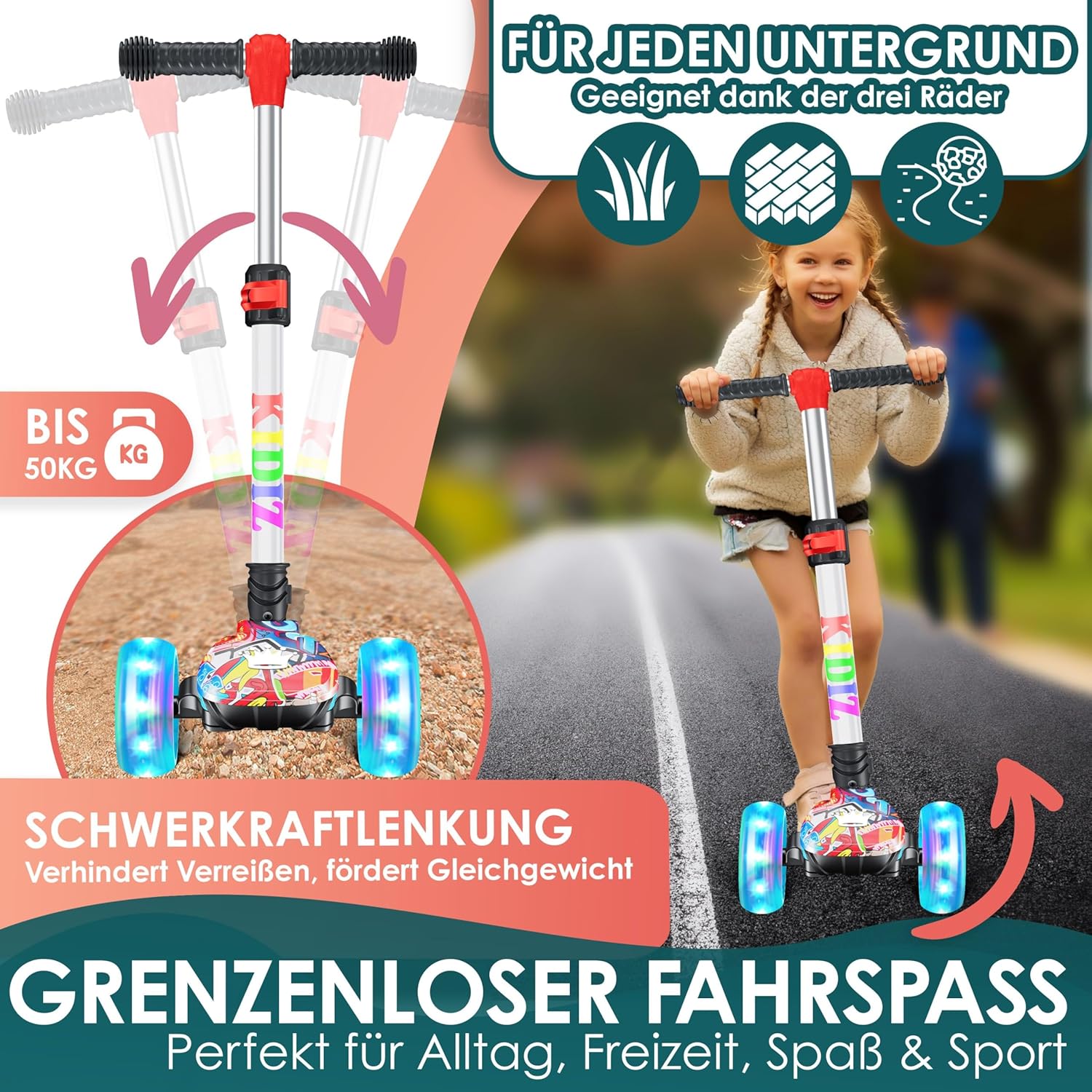 Thumbnail 5 de KIDIZ X-Pro2 Dreiradscooter für Kinder (3–12 Jahre) mit faltbarem Design, PU LED-Rädern und höhenverstellbarem Lenker