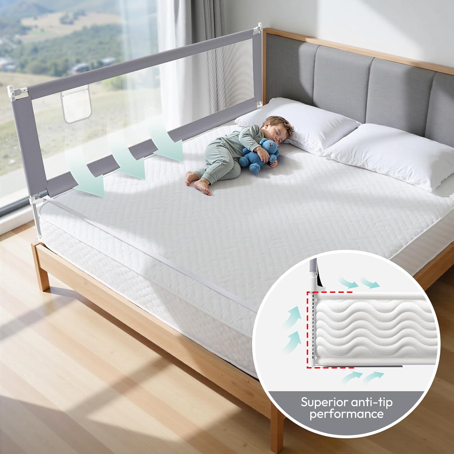 Thumbnail 1 de Lertantri Bettschutzgitter Hellgrau 180 cm – höhenverstellbar mit Befestigungsgurten, werkzeuglose Montage (1 Stück)