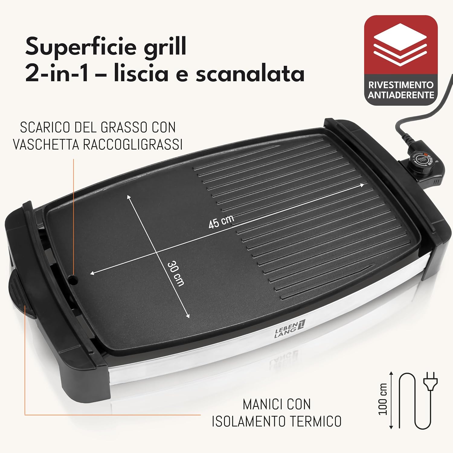 Detalle de LEBENLANG Griglia Elettrica XXL 2000W con pinze, piastra 45×30 cm