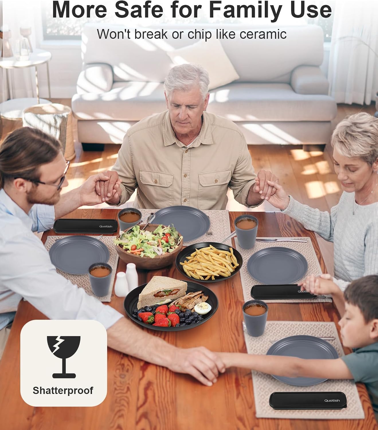 Detalle 2 de Quatish 24 Piece Dinnerware Set for 6: Unbreakable, Dishwasher & Microwave Safe Plastic Plates and Bowls