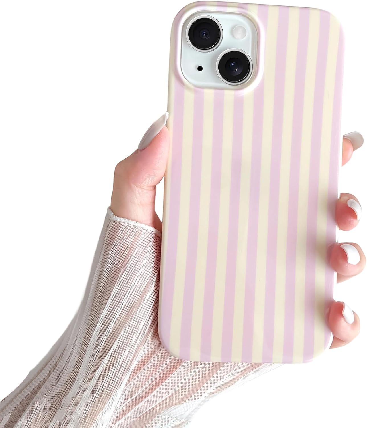 Detalle de SmoBea iPhone 14 Case – Cute Striped Slim TPU, Pink and Yellow
