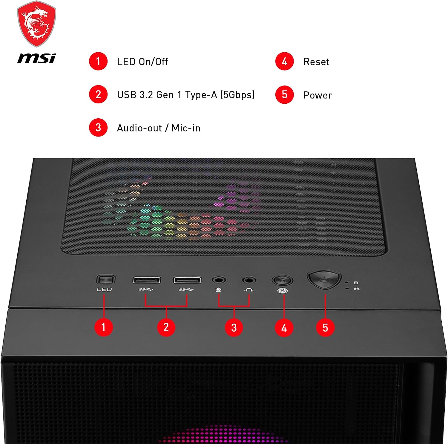 Detalle de MSI MAG Forge 120A Airflow – Case mid tower ATX con 6 ventole Auto-RGB da 120 mm e vetro temperato