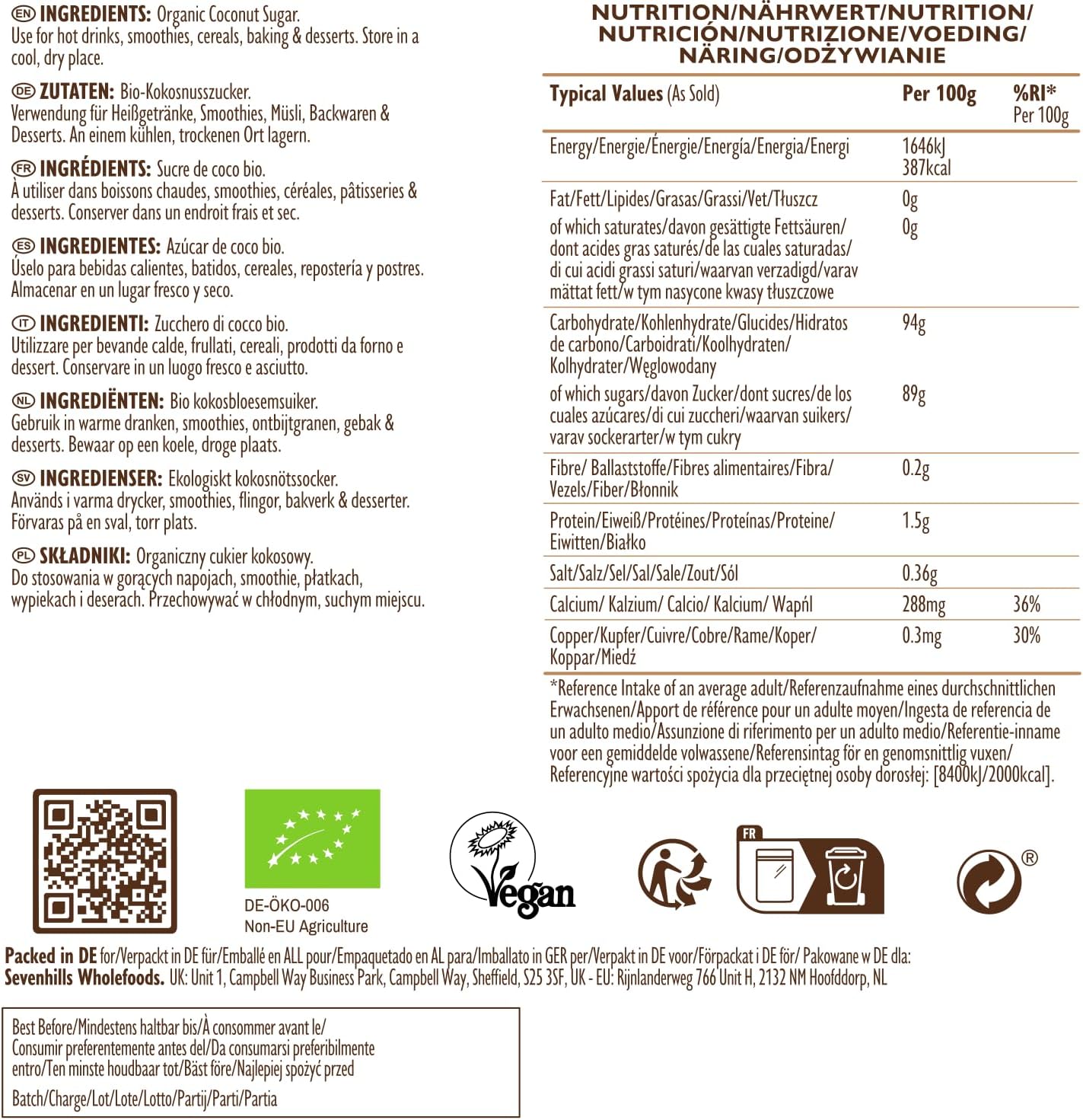 Detalle 2 de Sevenhills Wholefoods Bio Kokosblütenzucker 1 kg – unrraffiniert, 1:1-Zuckerersatz, Bio