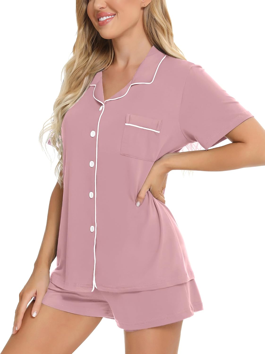 Detalle de SWOMOG WGaa001 Women’s Button-Down Pajama Set, Short-Sleeve Modal Shorts