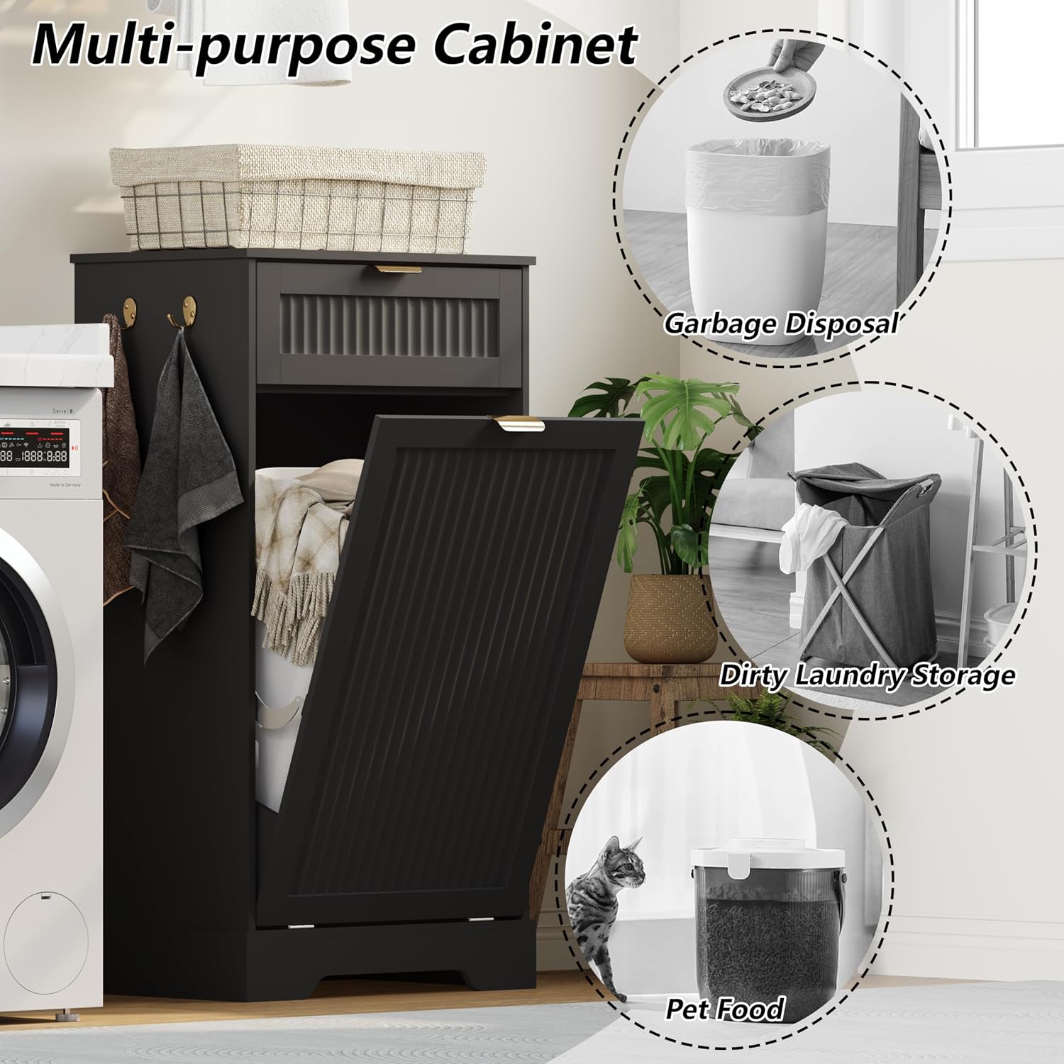 Detalle de METOTI HLG186-BK-01 Tilt-Out Trash Cabinet, 13-Gallon, Black Fluted