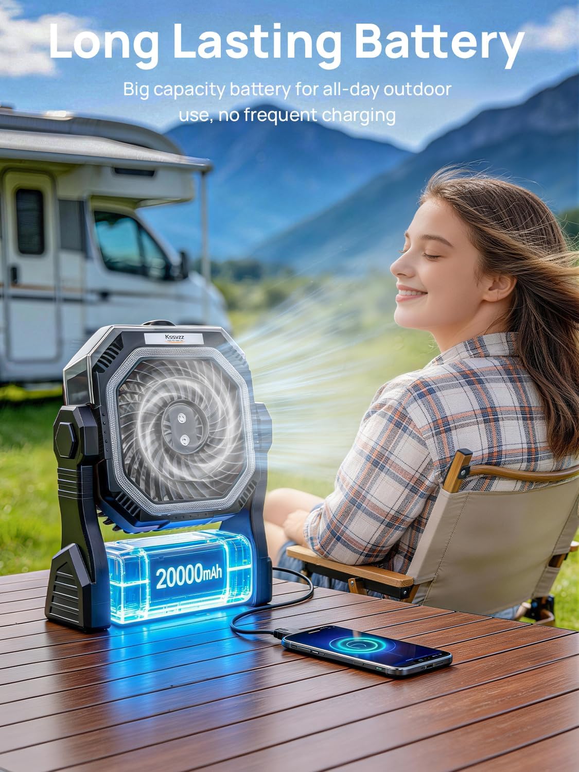 Detalle de Kssvzz Camping Fan, 20,000mAh Misting Fan with LED Light and Timer