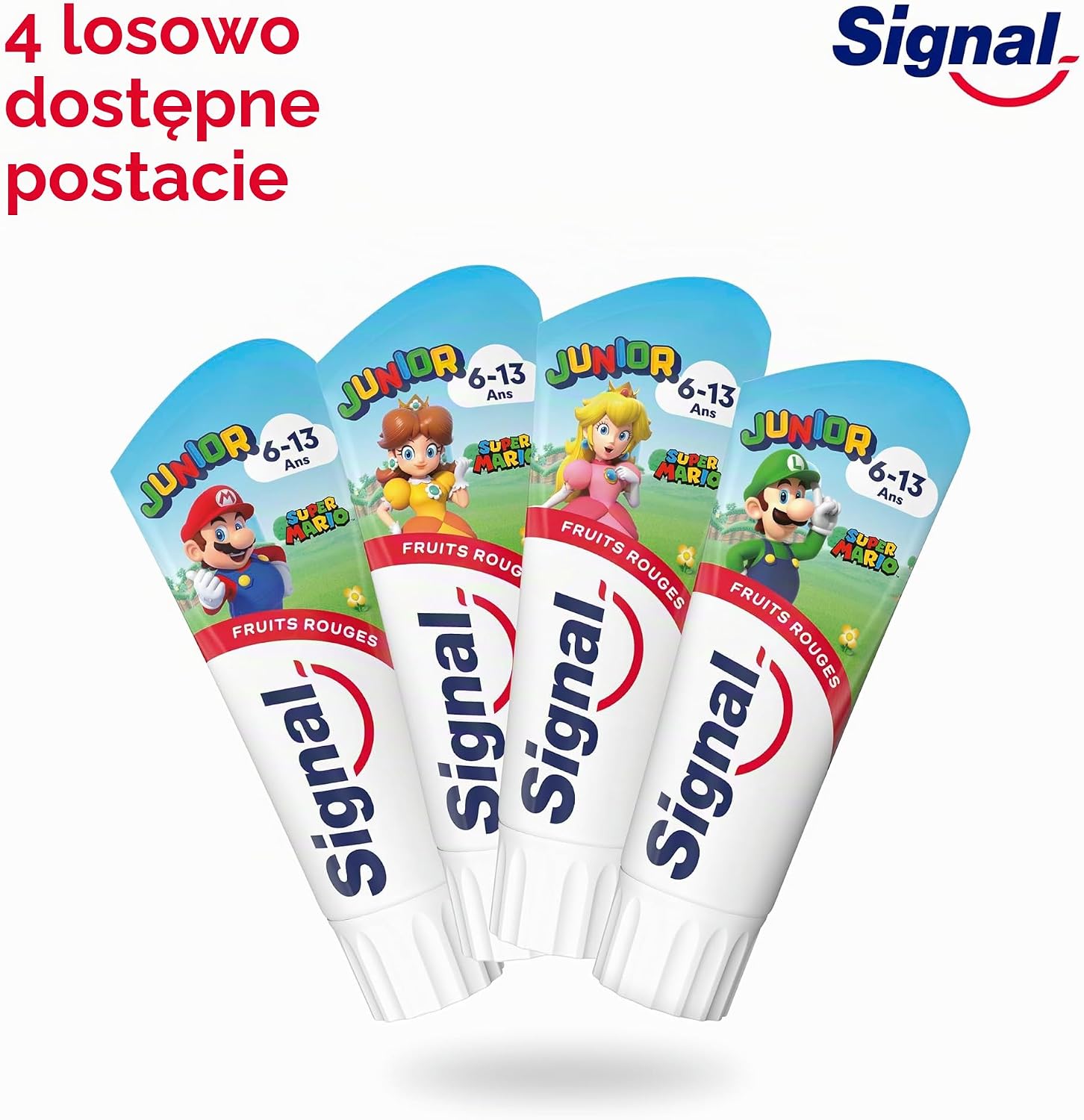 Detalle 2 de Signal Junior Super Mario pasta do zębów dla dzieci, czerwone owoce, 1450 ppm fluoru, 2 × 75 ml