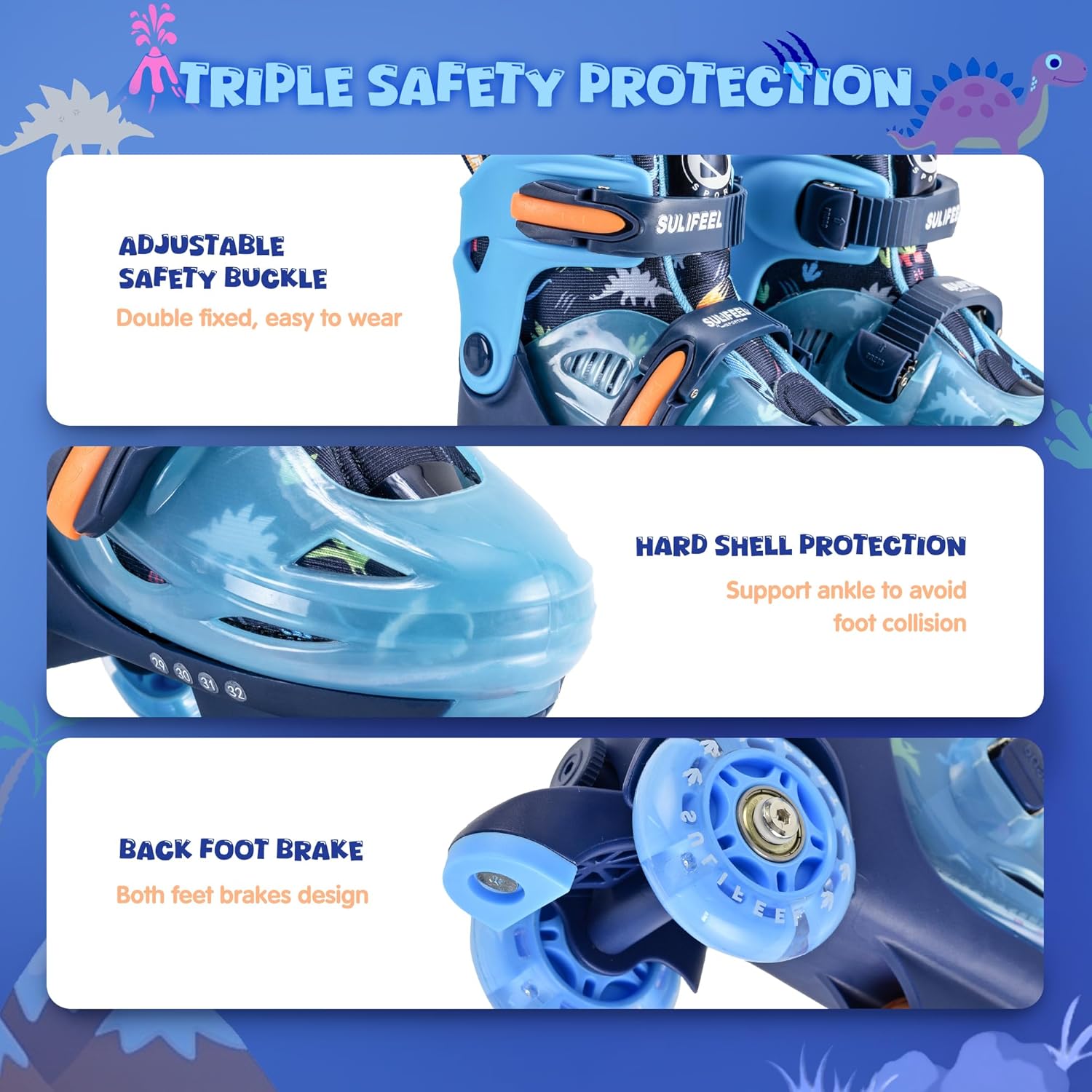 Detalle de SULIFEEL Adjustable Roller Skates for Kids – Three-Point Balance, Light-Up Wheels, Adjustable Fit
