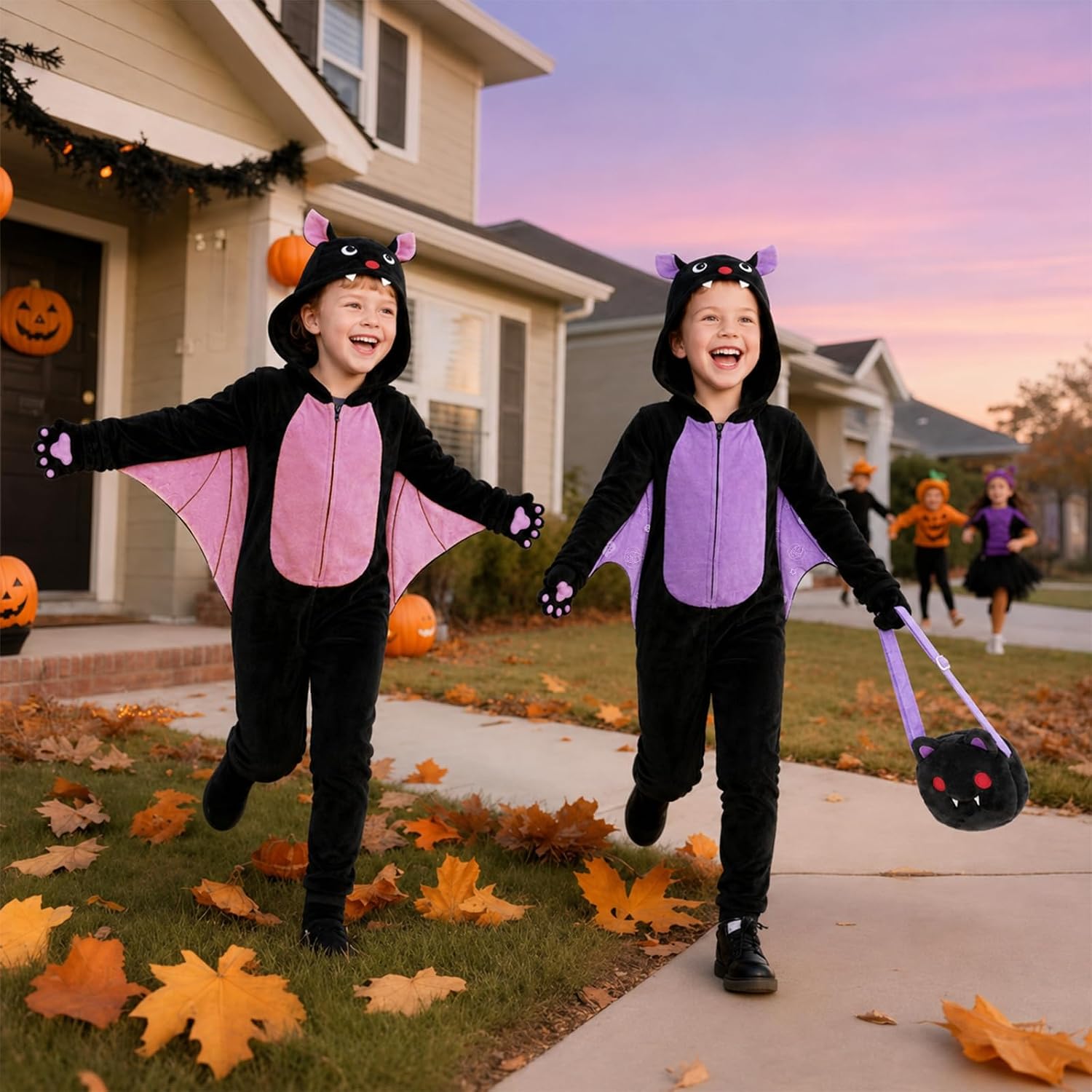 Thumbnail 6 de Learn2M Kids Bat Costume, Purple Flannel Onesie with Wings and Matching Bag
