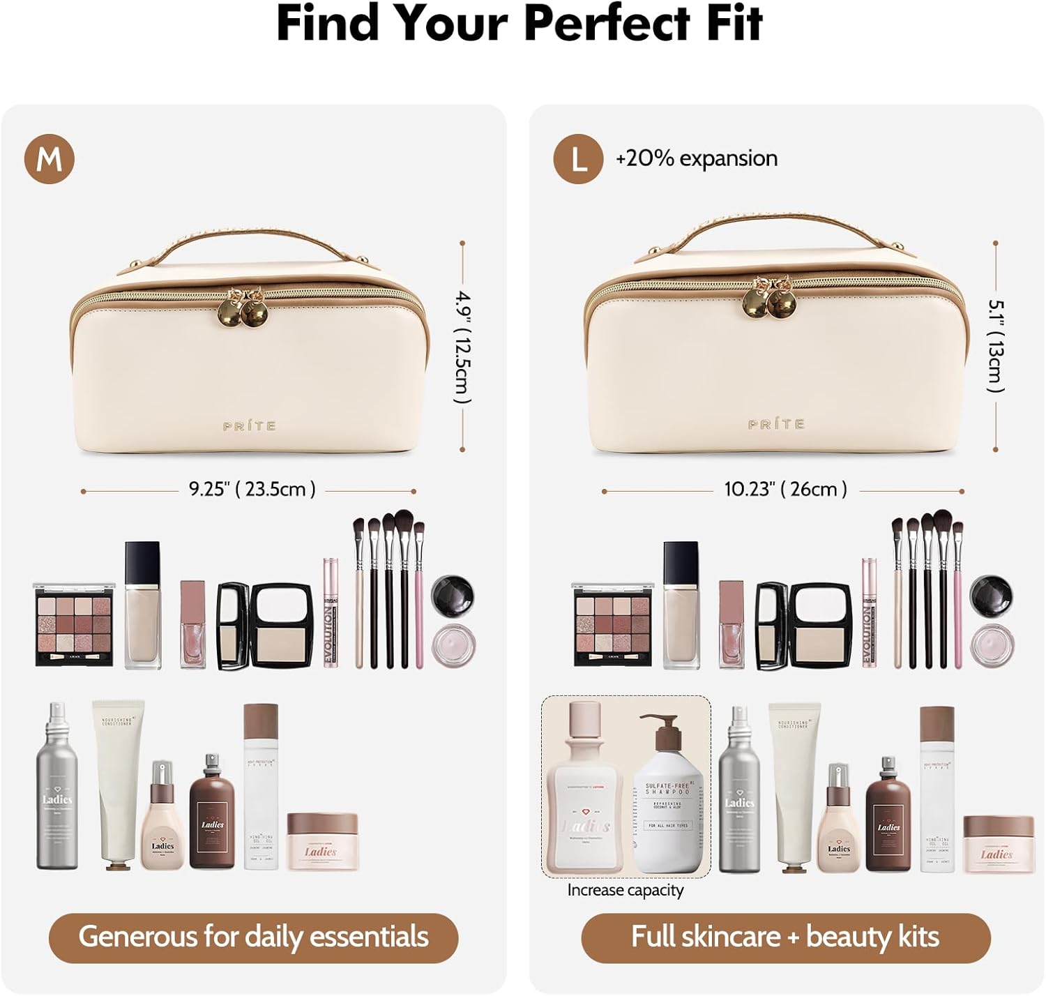 Detalle de Prite Women’s Travel Makeup Bag (Beige) — Waterproof Vegan Leather Organizer with Clear Divider