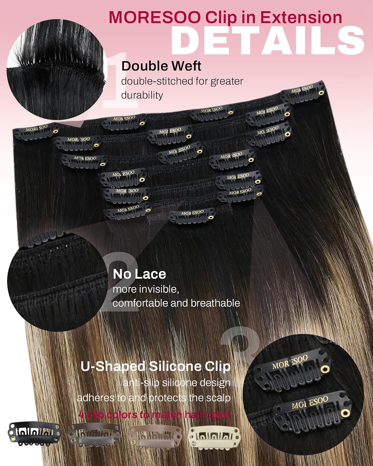 Detalle 2 de Moresoo 18in 120g Clip‑In Hair Extensions
