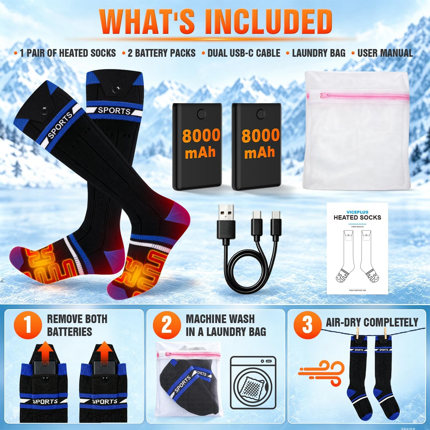 Detalle 2 de VICEPLUS RTX-DRO8L-PB Heated Socks, App Control, Dual 8000mAh Batteries