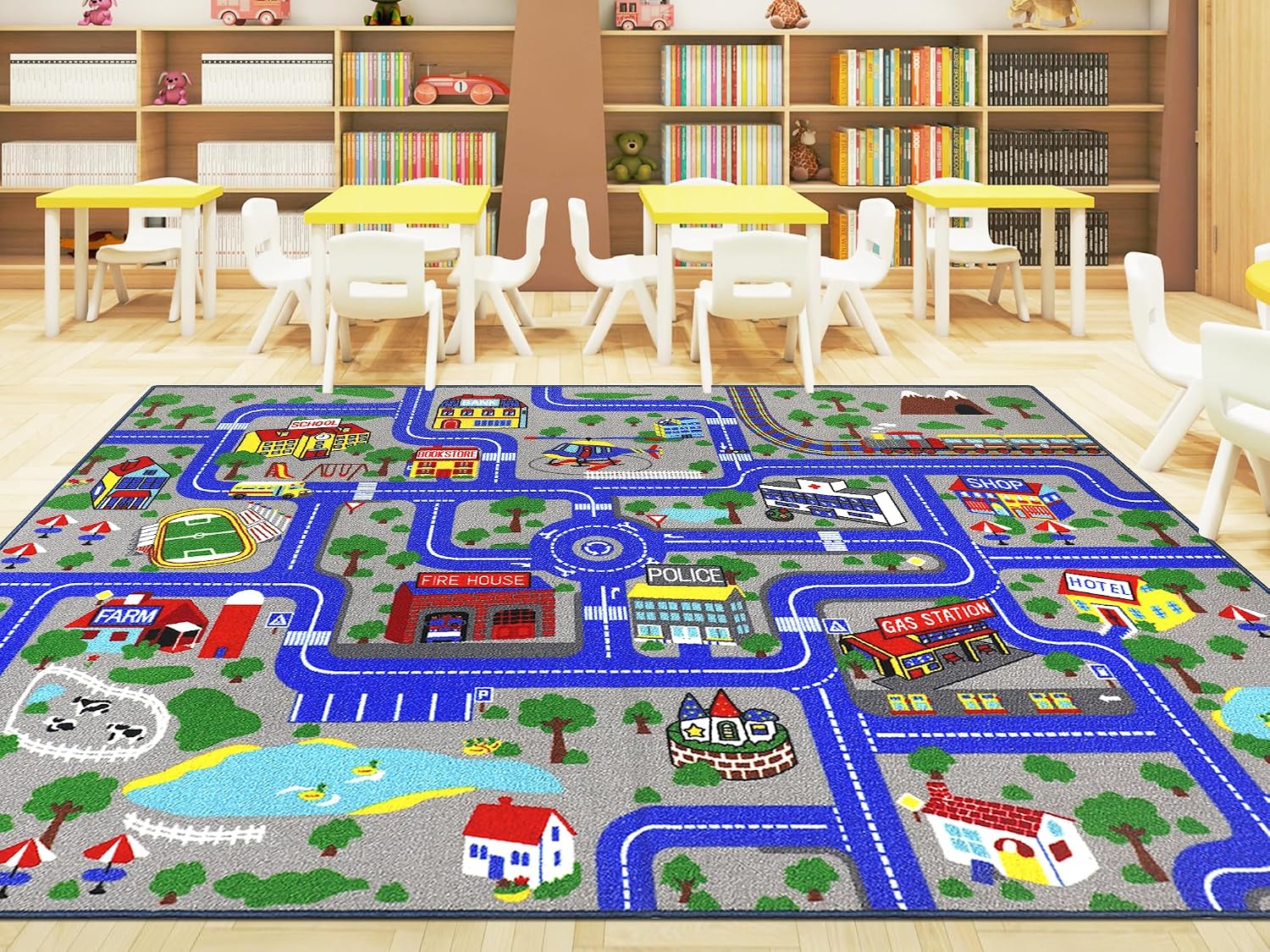 Detalle de Capslpad Kinder-Teppich Spielteppich „Stadt“ 200x300 cm – rutschfest, kurzflorig, maschinenwaschbar