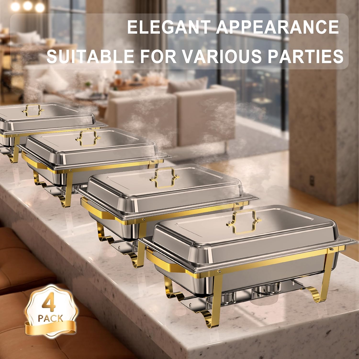 Thumbnail 6 de Chafing Dishes for Buffet 4 Pack, 11QT Square Stainless Steel Food Warmers with Gold & Silver Accents