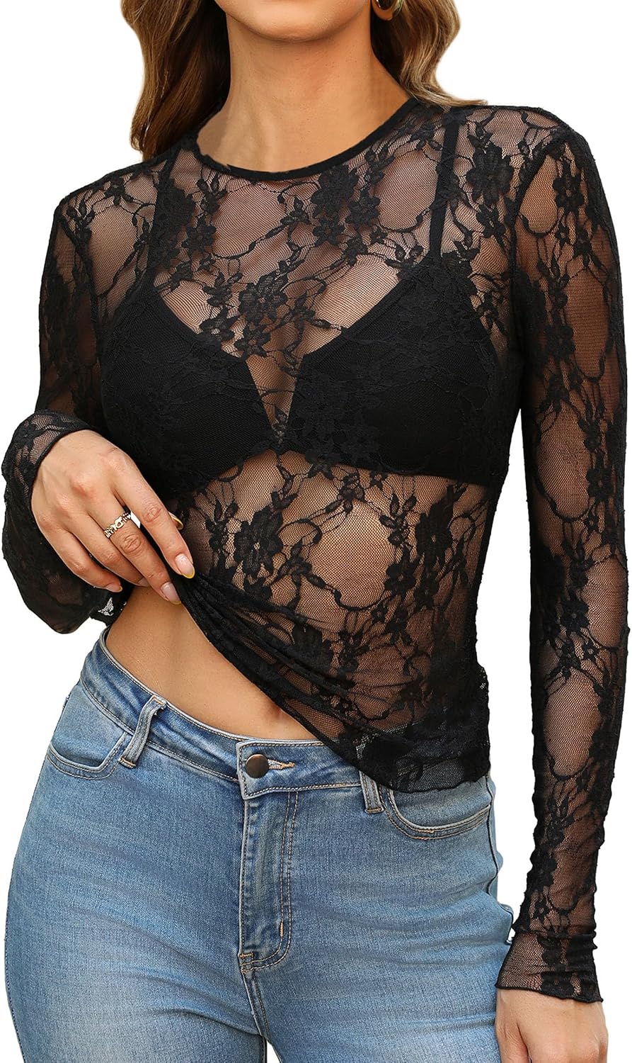 Detalle de OFEEFAN Women's Floral Lace Mesh Top, Long Sleeve Sheer Crewneck