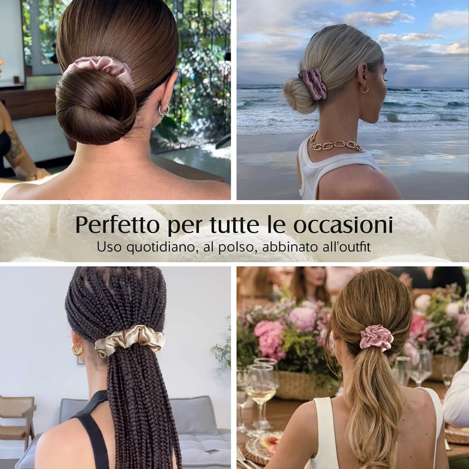 Detalle 2 de Set di 3 scrunchies in seta Umisleep (100% gelso) rosa + champagne + viola prugna