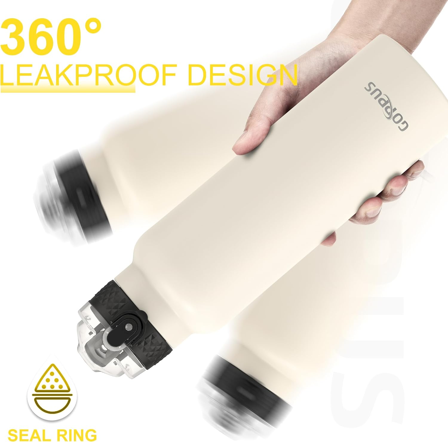 Detalle de GOPPUS 750ml Stainless Steel Water Bottle with Straw – Double Wall Vacuum Insulated, Leakproof Flip Top Lid, Strap