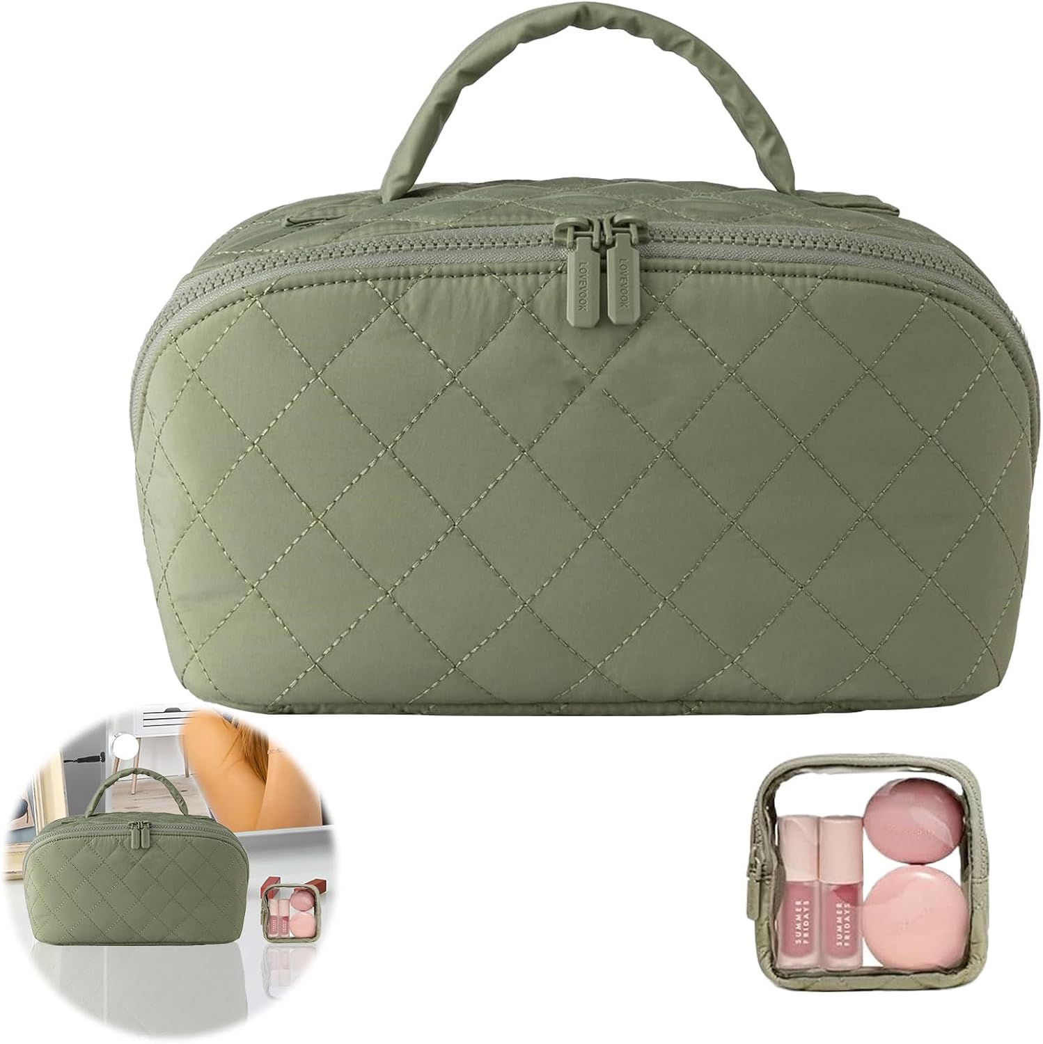 Thumbnail 4 de 2 Set Travel Makeup Bag for Women – Open Flat Lay with Compartments (Green)