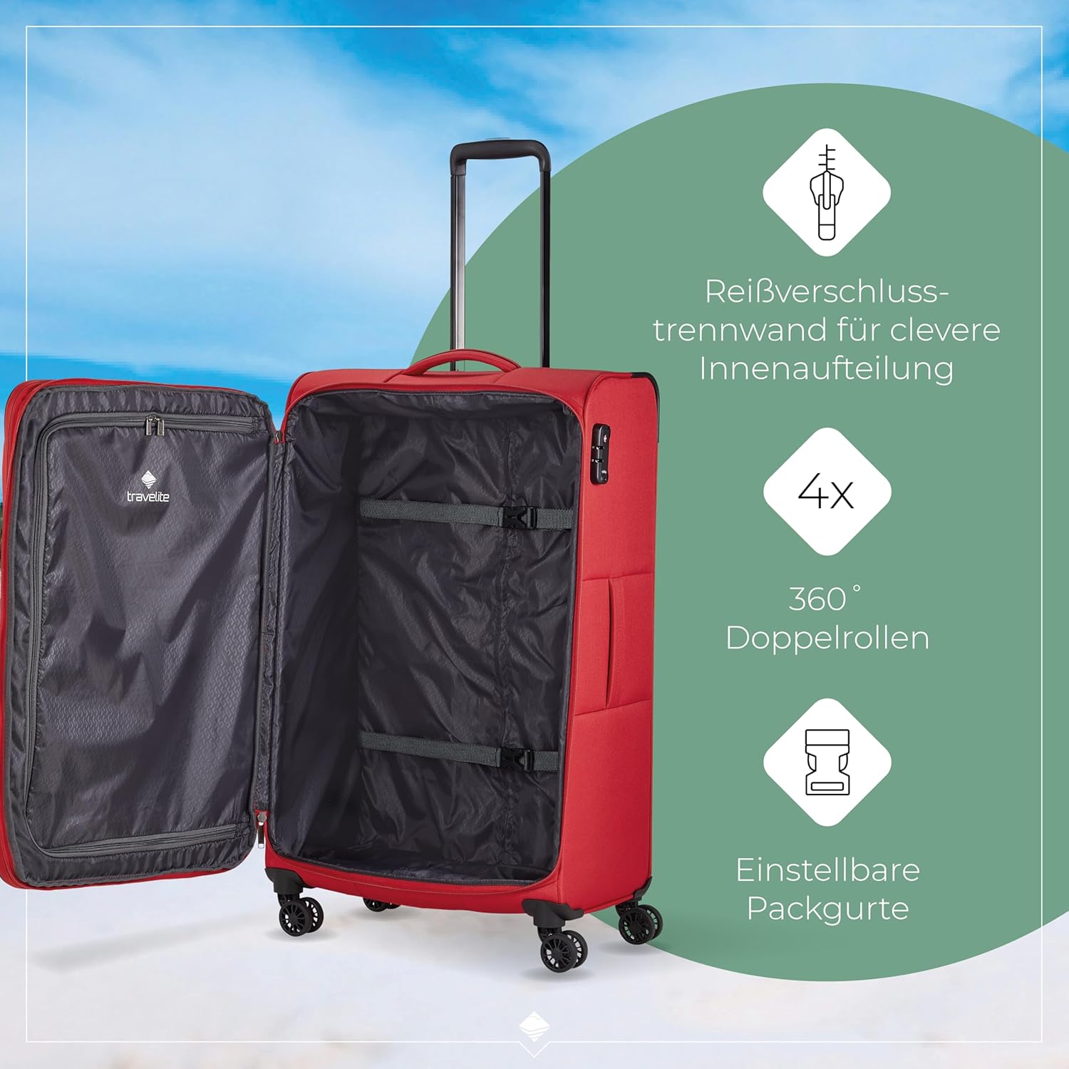 Detalle de Travelite CHIOS 4-Rad Koffer Größe L – Weichschale, 90–97 L, 78 x 46 x 30 cm, TSA-Schloss, Dehnfalte, Kantenschutz