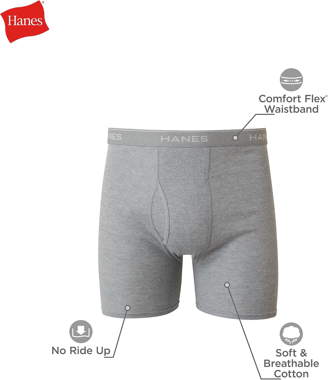 Detalle de Hanes Men's Boxer Briefs Pack: Cool, breathable cotton moisture-wicking with no ride up