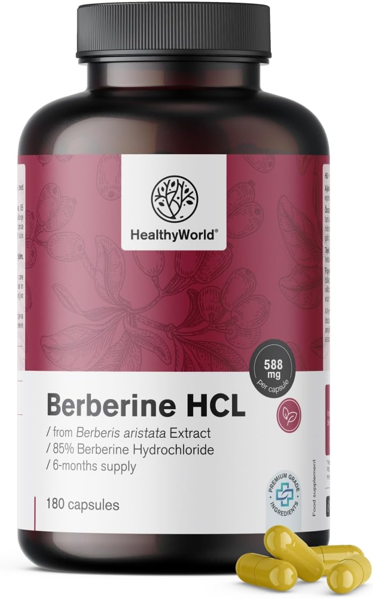 Detalle de HealthyWorld Berberine HCL 500 mg plantaardige capsules, 180 stuks