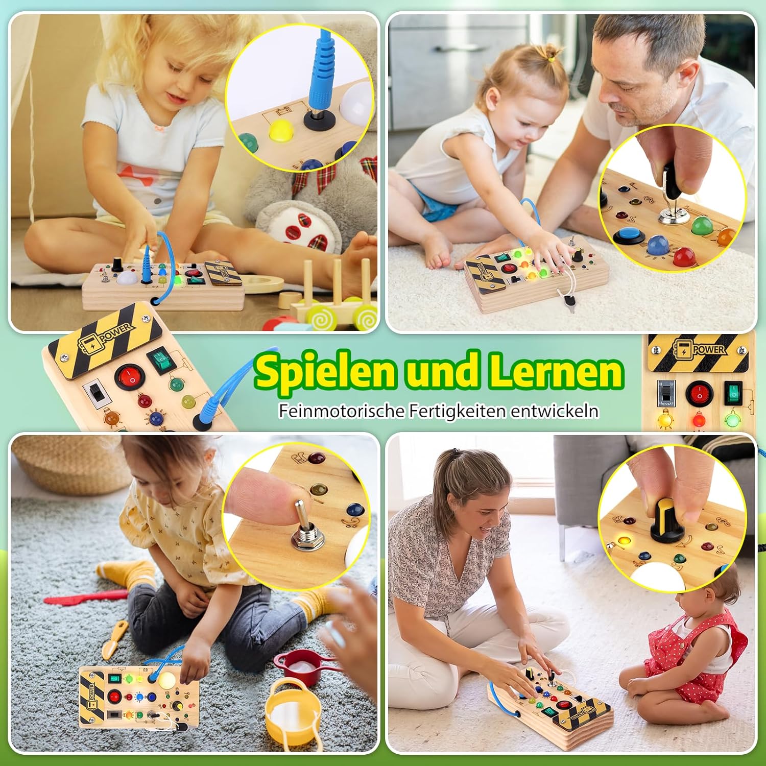 Detalle de Hoarosall Montessori Busy Board mit LED-Lichtschalter – Motorik- und Sensorik-Spielzeug aus Holz ab 1 Jahr