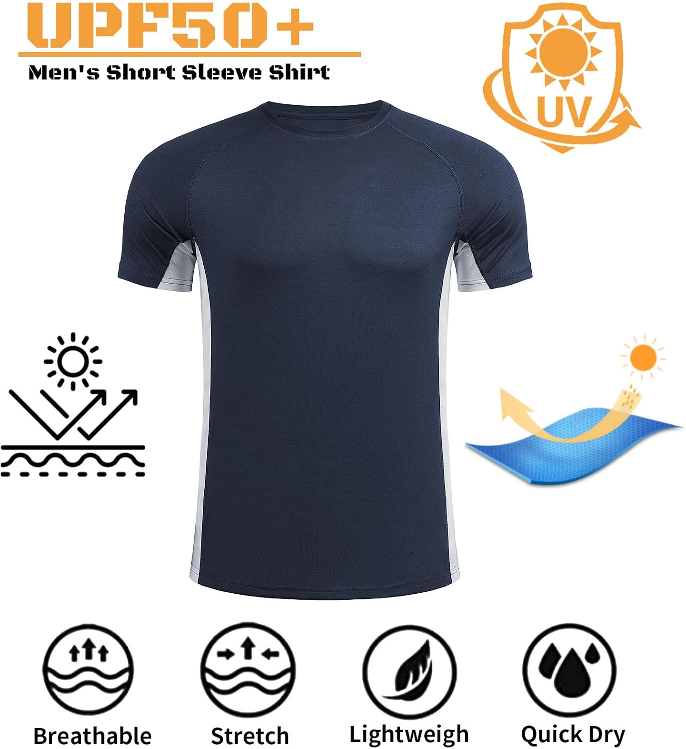Detalle de Mens Big & Tall Swim Shirt Sun Protection UPF 50+ Rash Guard Quick Dry Tee