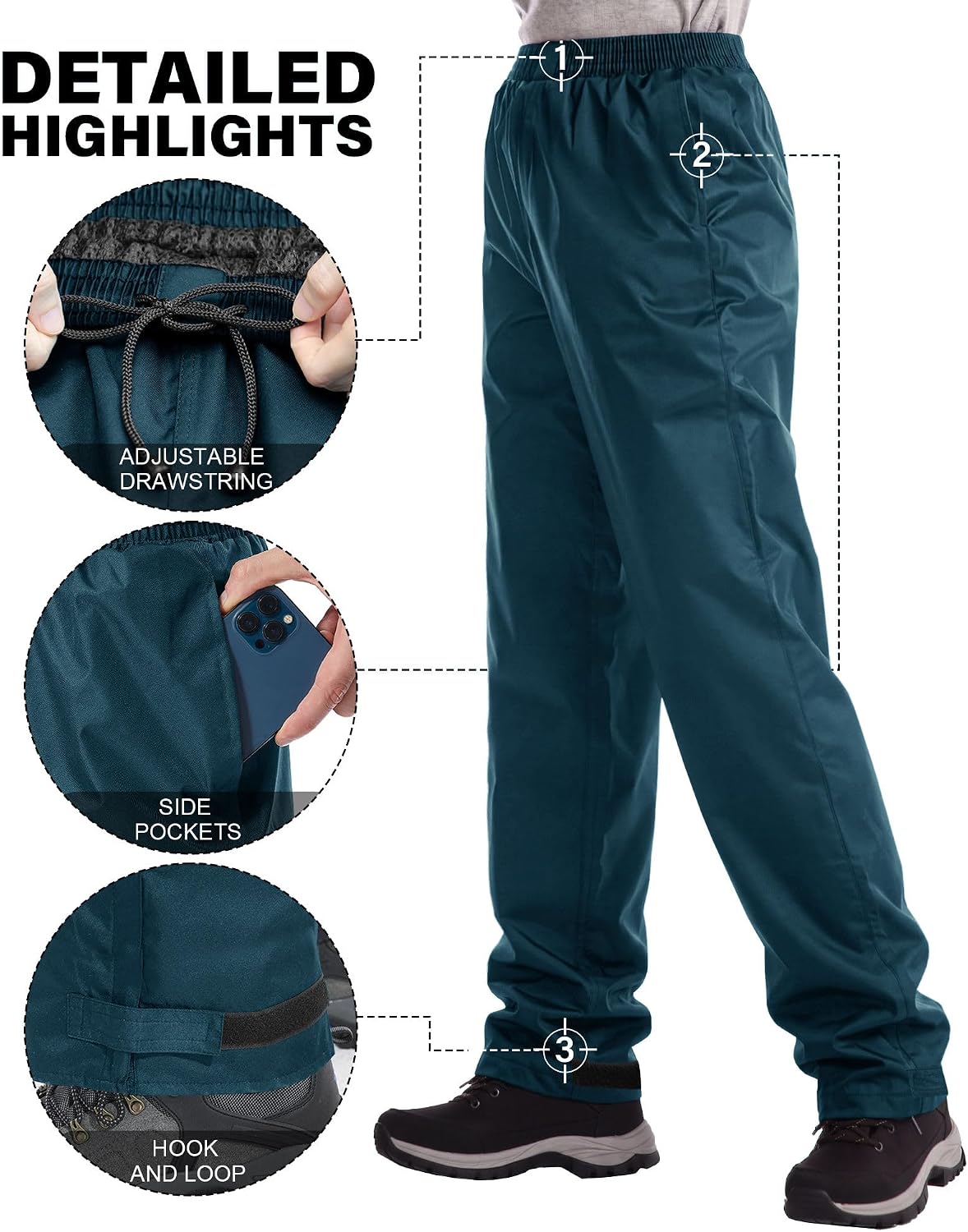 Detalle de iCreek Women's Rain Pants, 5,000 mm Waterproof, Mesh Lined with Ankle Zippers