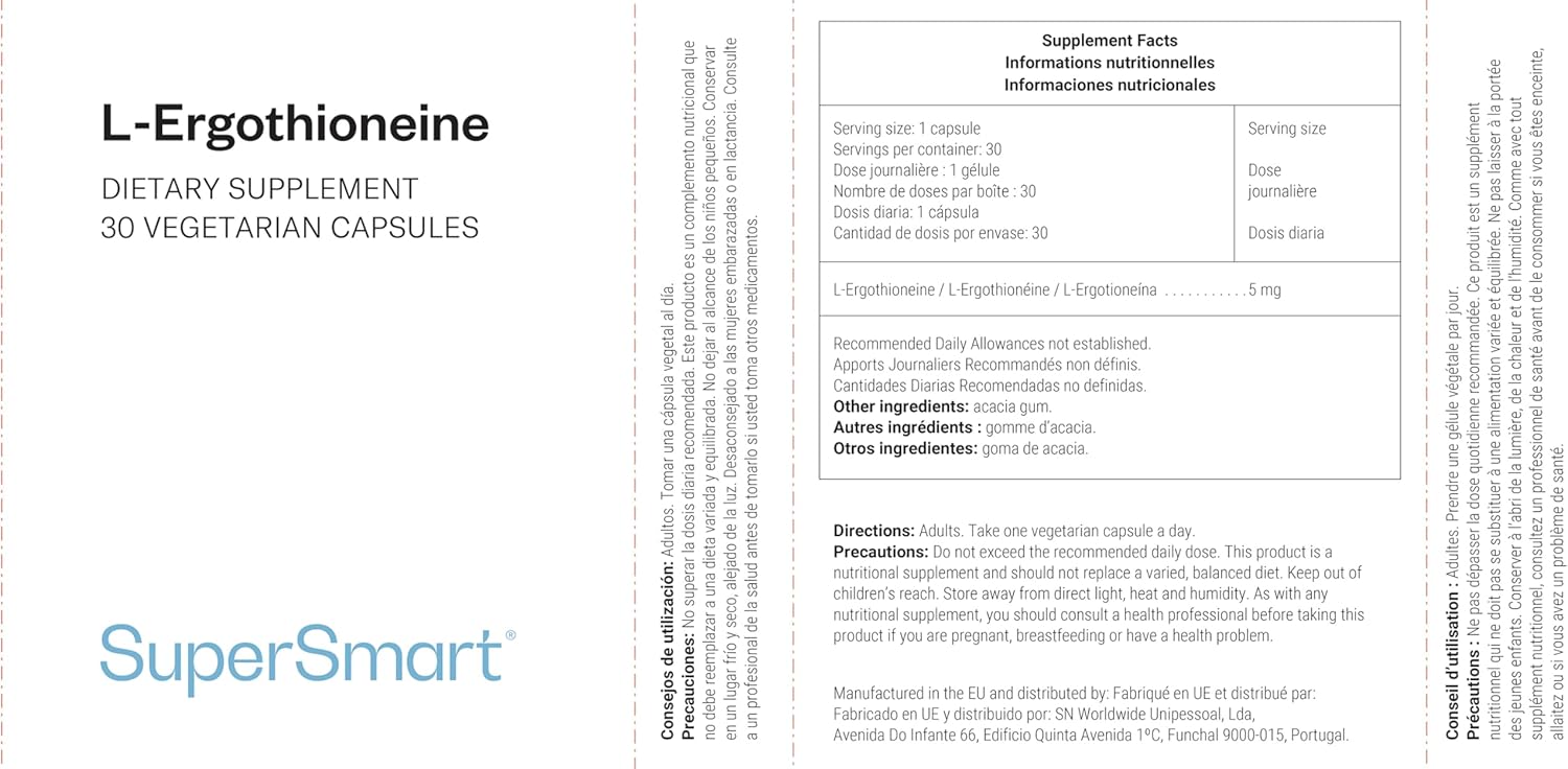 Thumbnail 1 de Supersmart L-ergothionéine 5 mg (extrait naturel de champignons) – 30 gélules végétariennes