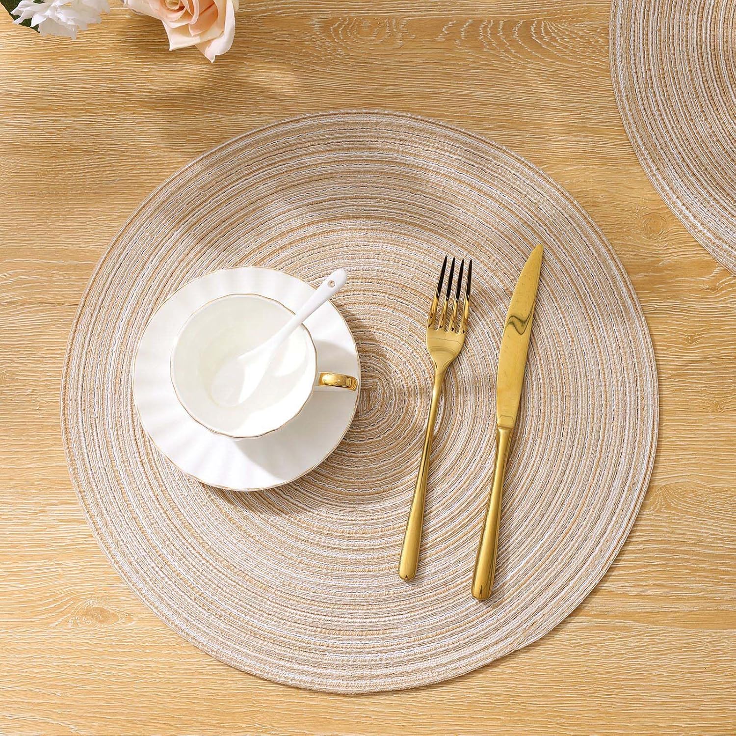 Thumbnail 3 de SHACOS 38cm Round Placemats Set of 6 – Braided woven, beige heat-resistant table mats
