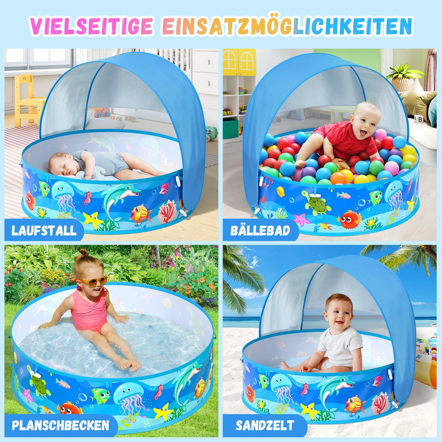 Thumbnail 1 de Baby Planschbecken mit Dach – 4-in-1 Pop-Up Strandmuschel für sicheren Wasserspaß und Sonnenschutz